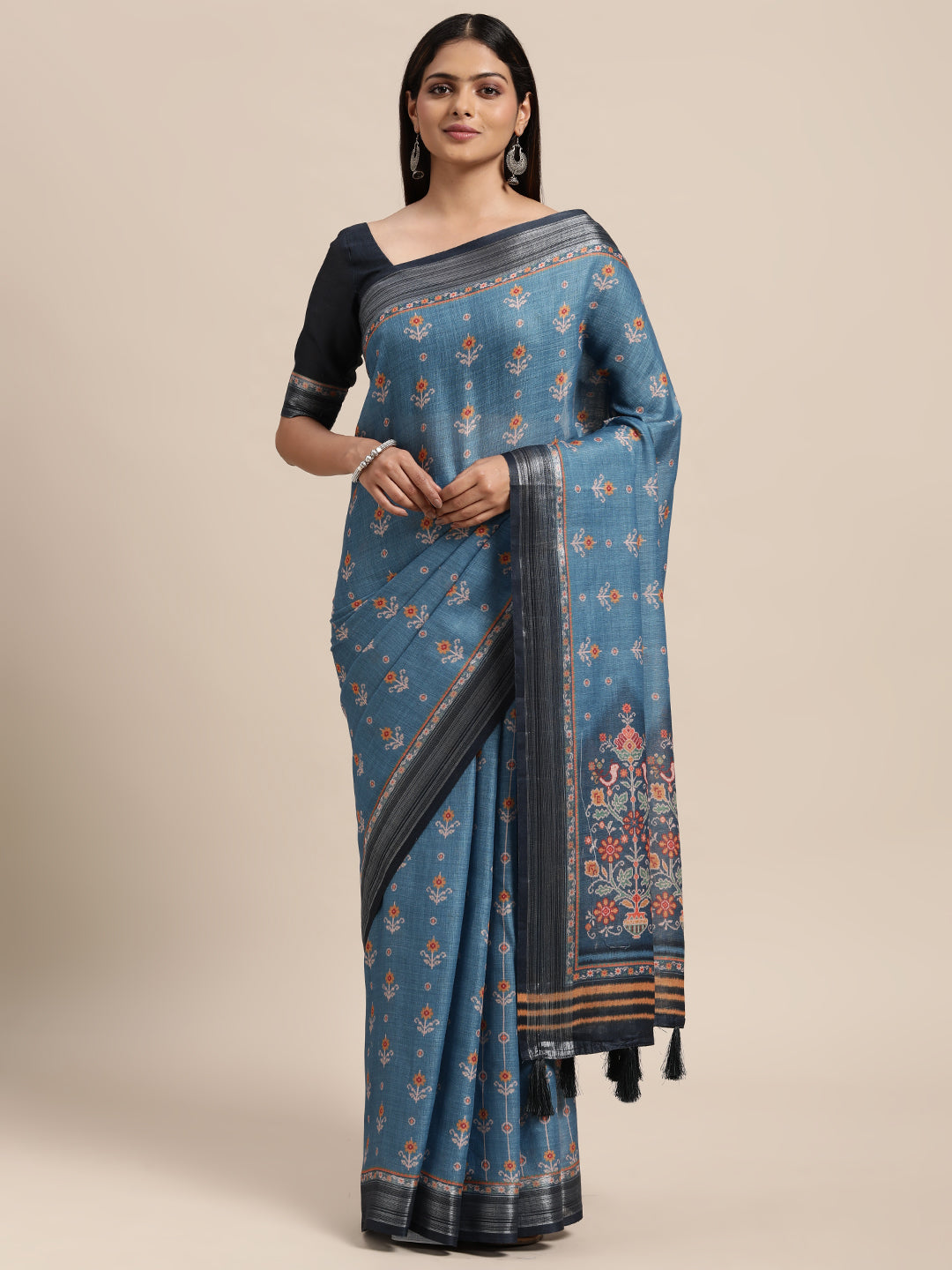 [Ready SG Stock] Linen Blend Beautiful Ethnic Motifs Printed Saree with attached Blouse Material - Indian saree