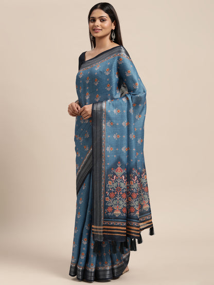 [Ready SG Stock] Linen Blend Beautiful Ethnic Motifs Printed Saree with attached Blouse Material - Indian saree