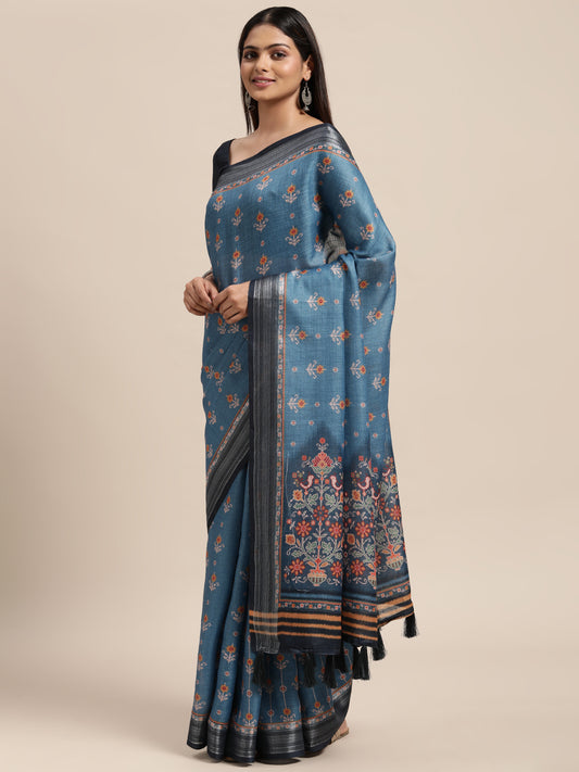 [Ready SG Stock] Linen Blend Beautiful Ethnic Motifs Printed Saree with attached Blouse Material - Indian saree