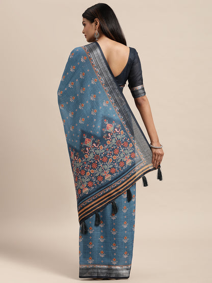 [Ready SG Stock] Linen Blend Beautiful Ethnic Motifs Printed Saree with attached Blouse Material - Indian saree