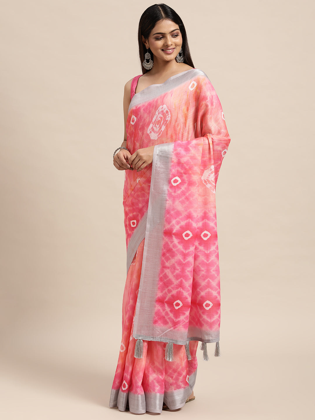 [Ready SG Stock] Pink Linen Blend Saree with attached Blouse Material - Indian saree