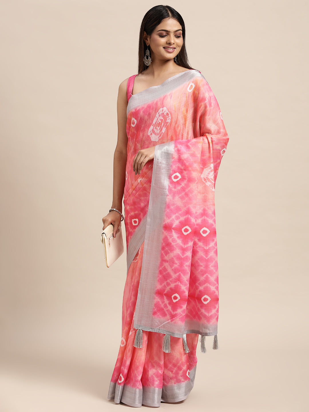 [Ready SG Stock] Pink Linen Blend Saree with attached Blouse Material - Indian saree