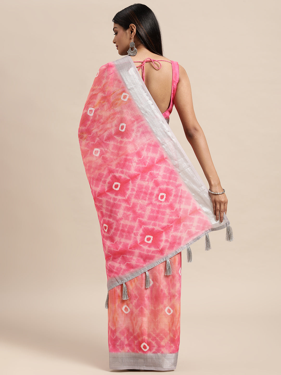 [Ready SG Stock] Pink Linen Blend Saree with attached Blouse Material - Indian saree