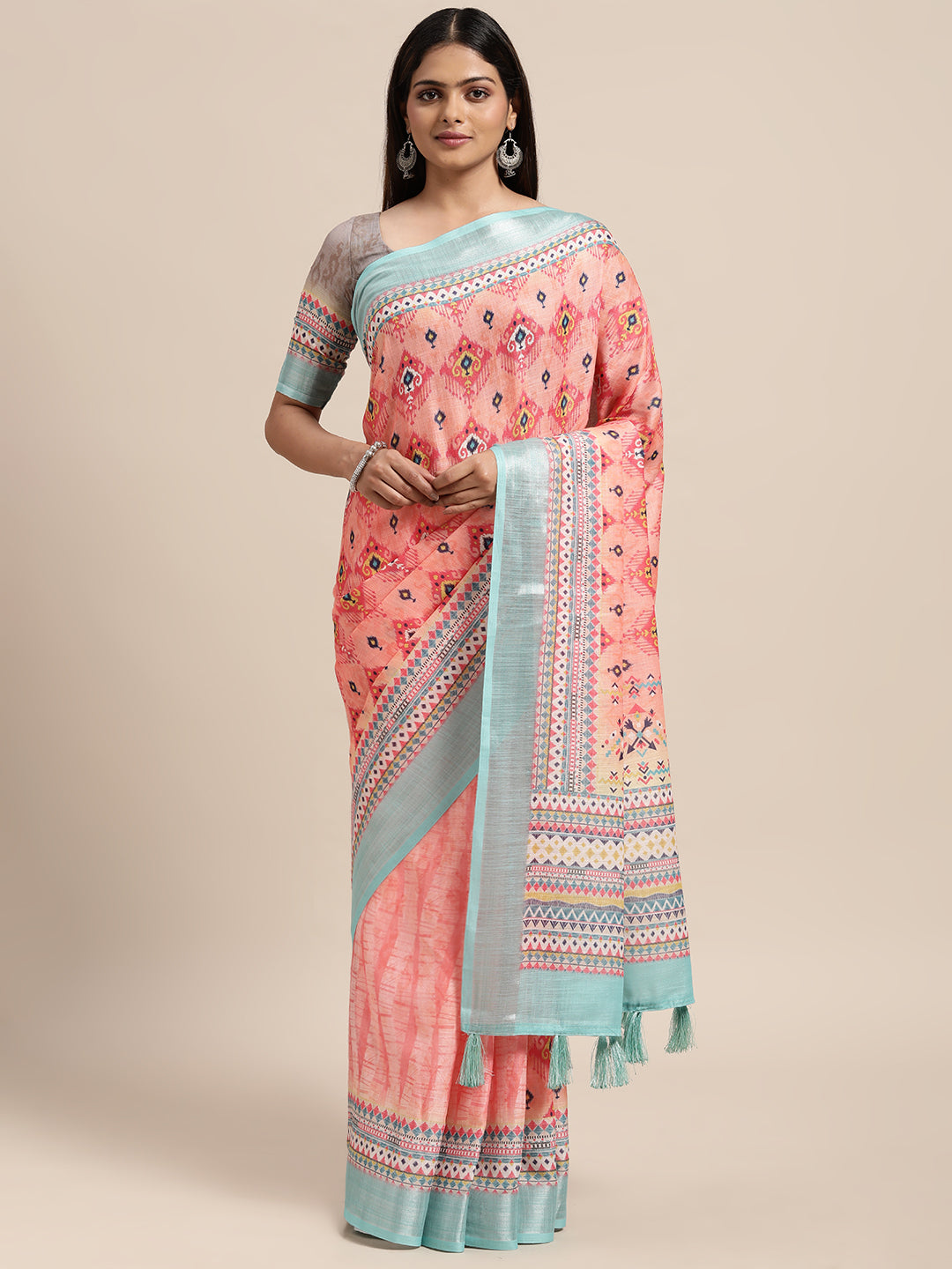 [Ready SG Stock] Linen Blend Beautiful Ethnic Motifs Printed Saree with attached Blouse Material - Indian saree