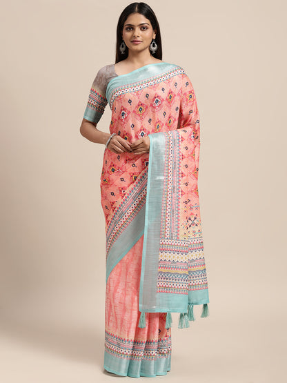 [Ready SG Stock] Linen Blend Beautiful Ethnic Motifs Printed Saree with attached Blouse Material - Indian saree