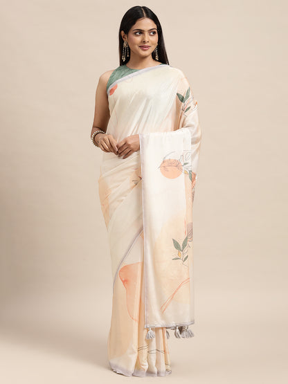 [Ready SG Stock] Linen Blend Abstract Print Saree with attached Blouse Material - Indian saree