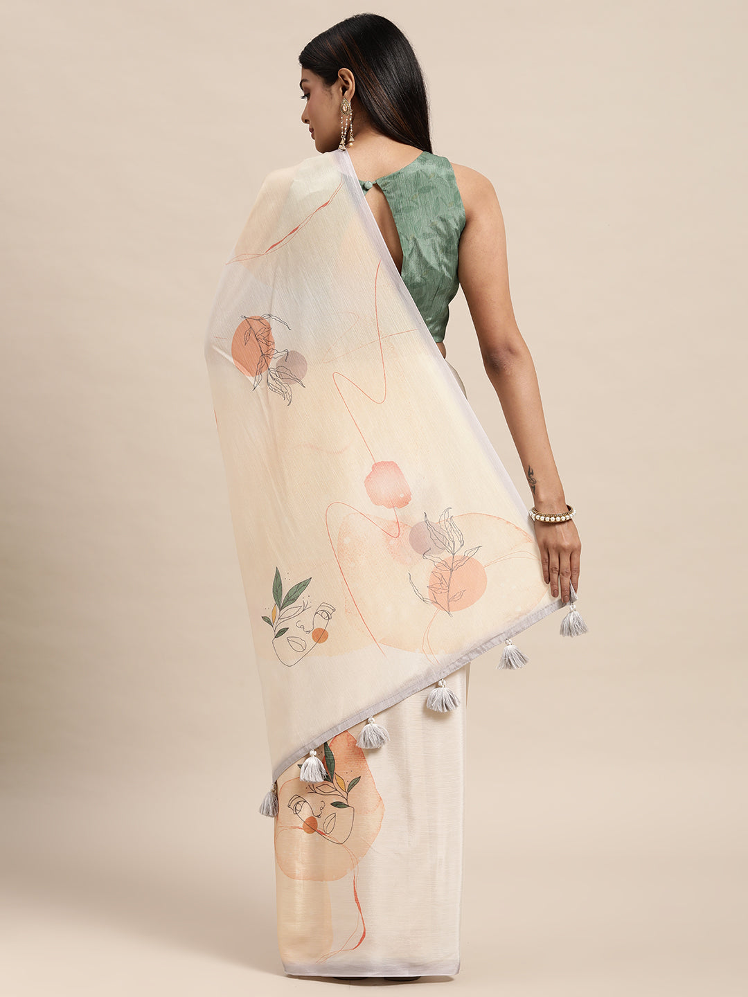 [Ready SG Stock] Linen Blend Abstract Print Saree with attached Blouse Material - Indian saree