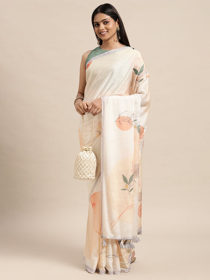 [Ready SG Stock] Linen Blend Abstract Print Saree with attached Blouse Material - Indian saree