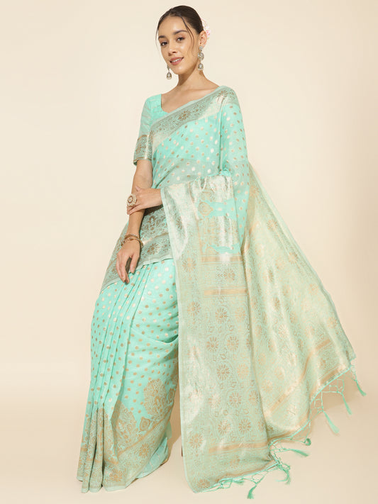 [Ready SG Stock] Sea Greeen Chanderi Silk Saree Ethnic Motifs with attached Blouse Material - Indian saree