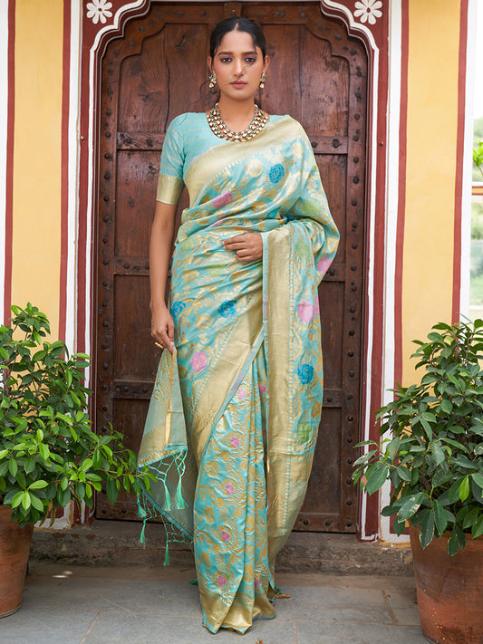 [Ready SG Stock] Sea Green Banarasi Silk Woven Floral DesignSaree with attached Blouse Material - Indian saree