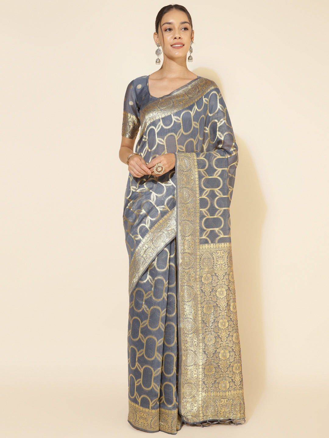 [Ready SG Stock] Light Grey Chanderi Silk Unique Woven Geometric Motifs Saree with attached Blouse Material - Indian saree