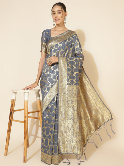 [Ready SG Stock] Light Grey Chanderi Silk Unique Woven Geometric Motifs Saree with attached Blouse Material - Indian saree