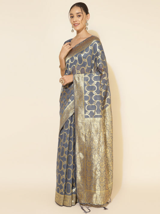 [Ready SG Stock] Light Grey Chanderi Silk Unique Woven Geometric Motifs Saree with attached Blouse Material - Indian saree