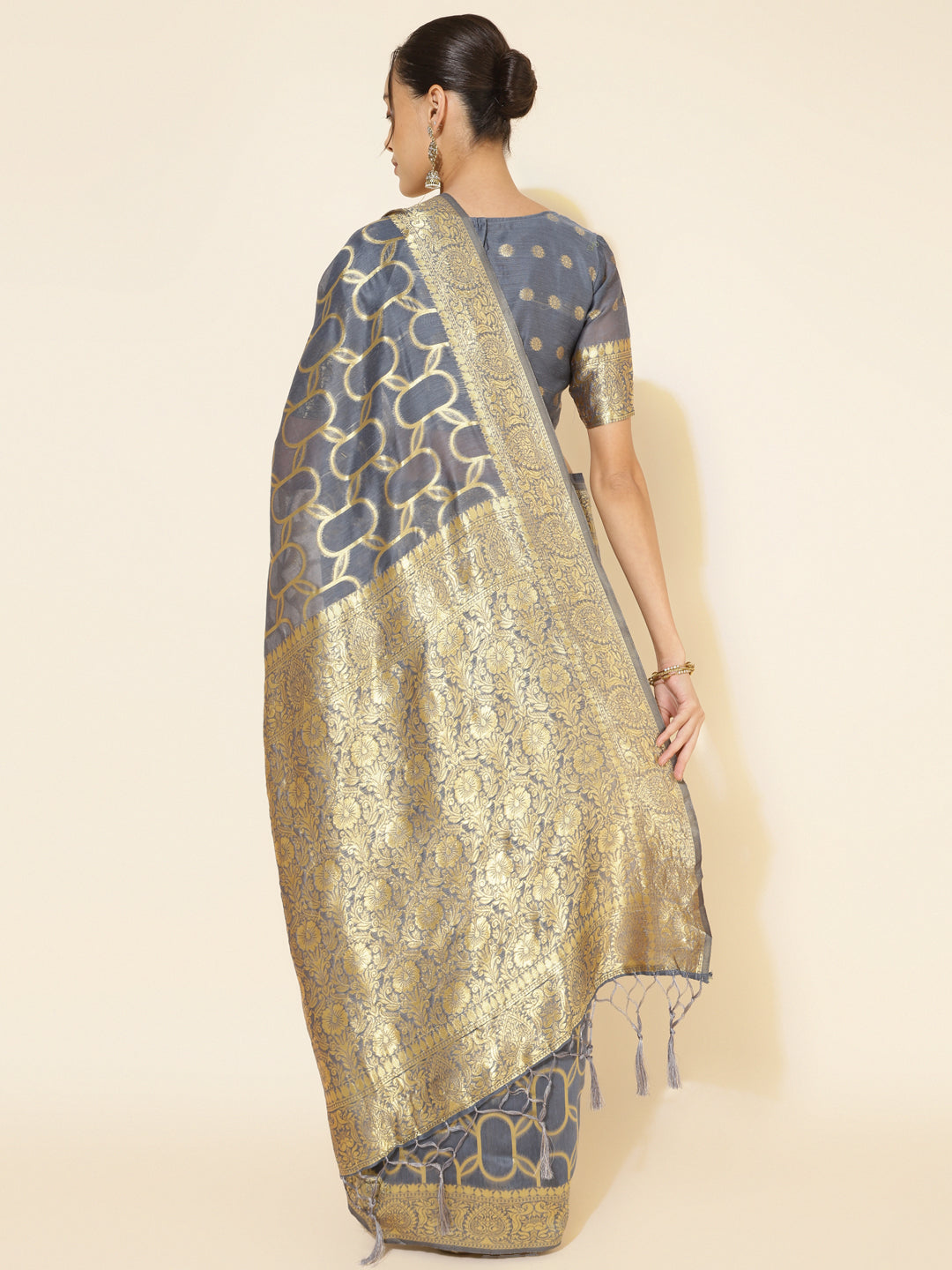 [Ready SG Stock] Light Grey Chanderi Silk Unique Woven Geometric Motifs Saree with attached Blouse Material - Indian saree