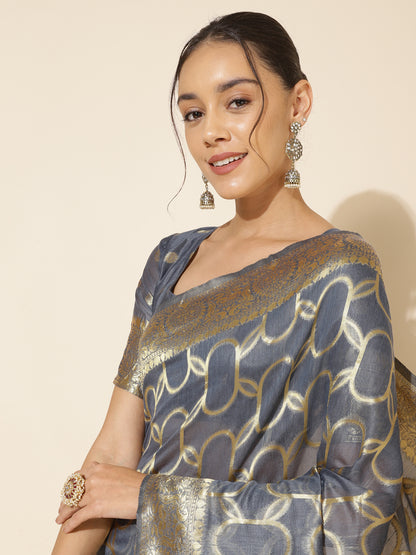 [Ready SG Stock] Light Grey Chanderi Silk Unique Woven Geometric Motifs Saree with attached Blouse Material - Indian saree