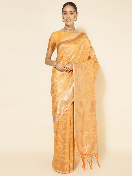 [Ready SG Stock] Yellow Chanderi Silk Saree Ethnic Motifs with attached Blouse Material - Indian saree