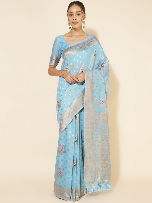 [Ready SG Stock] Blue Chanderi Silk Saree Ethnic Motifs with attached Blouse Material - Indian saree