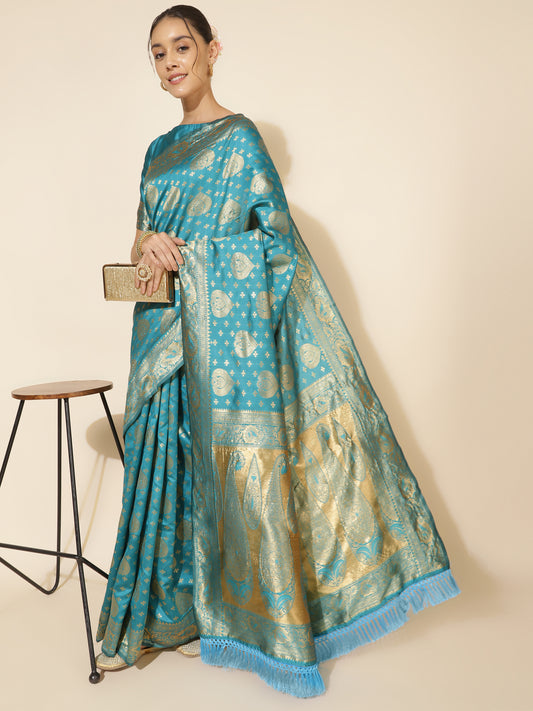 [Ready SG Stock] Turquoise Blue Banarasi Silk Woven Ethnic Motifs Saree with attached Blouse Material - Indian saree