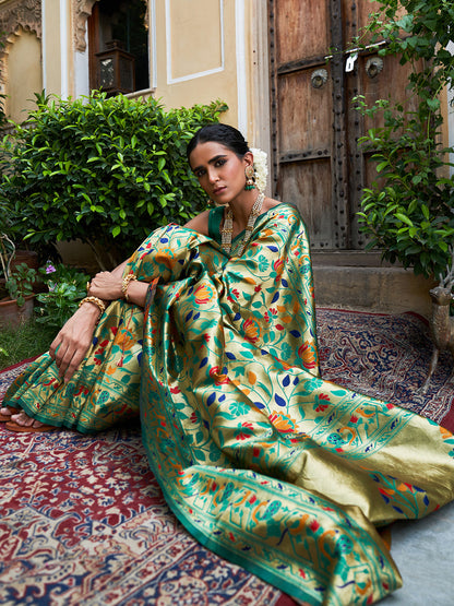 [Ready SG Stock] Green Paithani Silk Woven Ethnic Motifs Saree with attached Blouse Material - Indian Saree