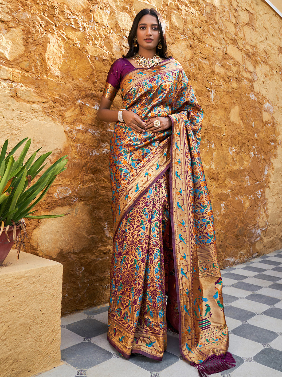 [Ready SG Stock] Wine Paithani Silk Woven Ethnic Motifs Saree with attached Blouse Material - Indian Saree