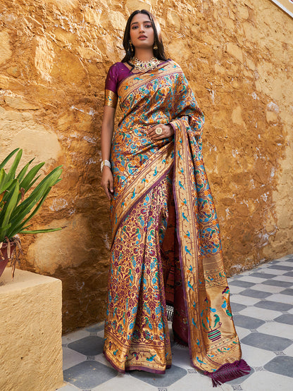 [Ready SG Stock] Wine Paithani Silk Woven Ethnic Motifs Saree with attached Blouse Material - Indian Saree