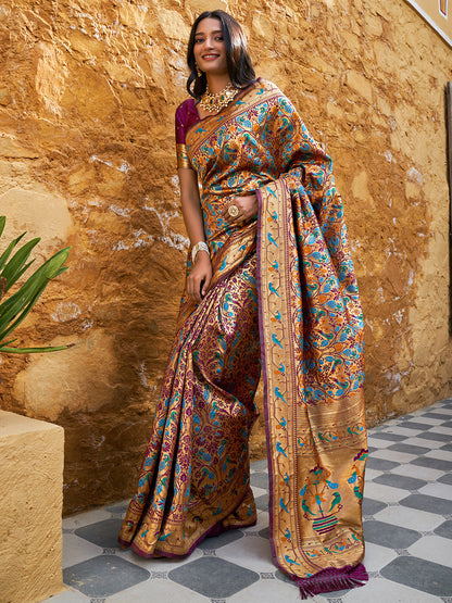 [Ready SG Stock] Wine Paithani Silk Woven Ethnic Motifs Saree with attached Blouse Material - Indian Saree