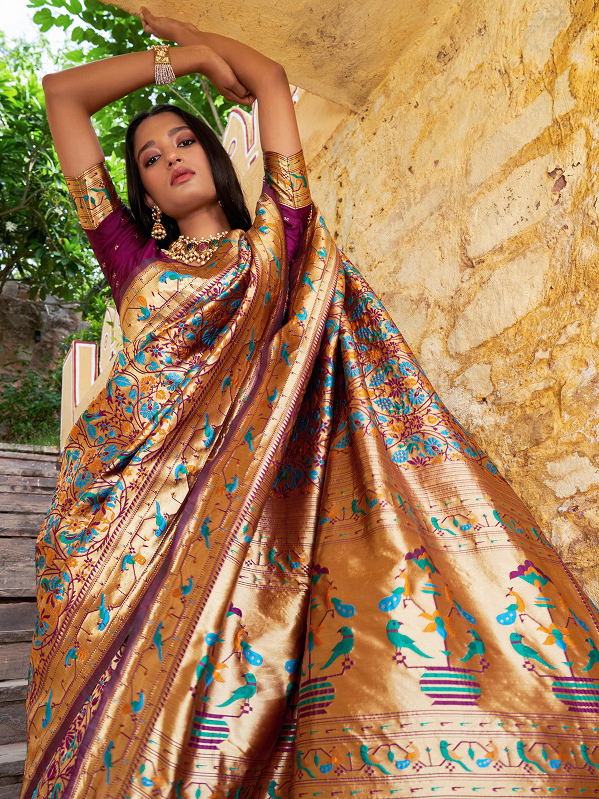 [Ready SG Stock] Wine Paithani Silk Woven Ethnic Motifs Saree with attached Blouse Material - Indian Saree