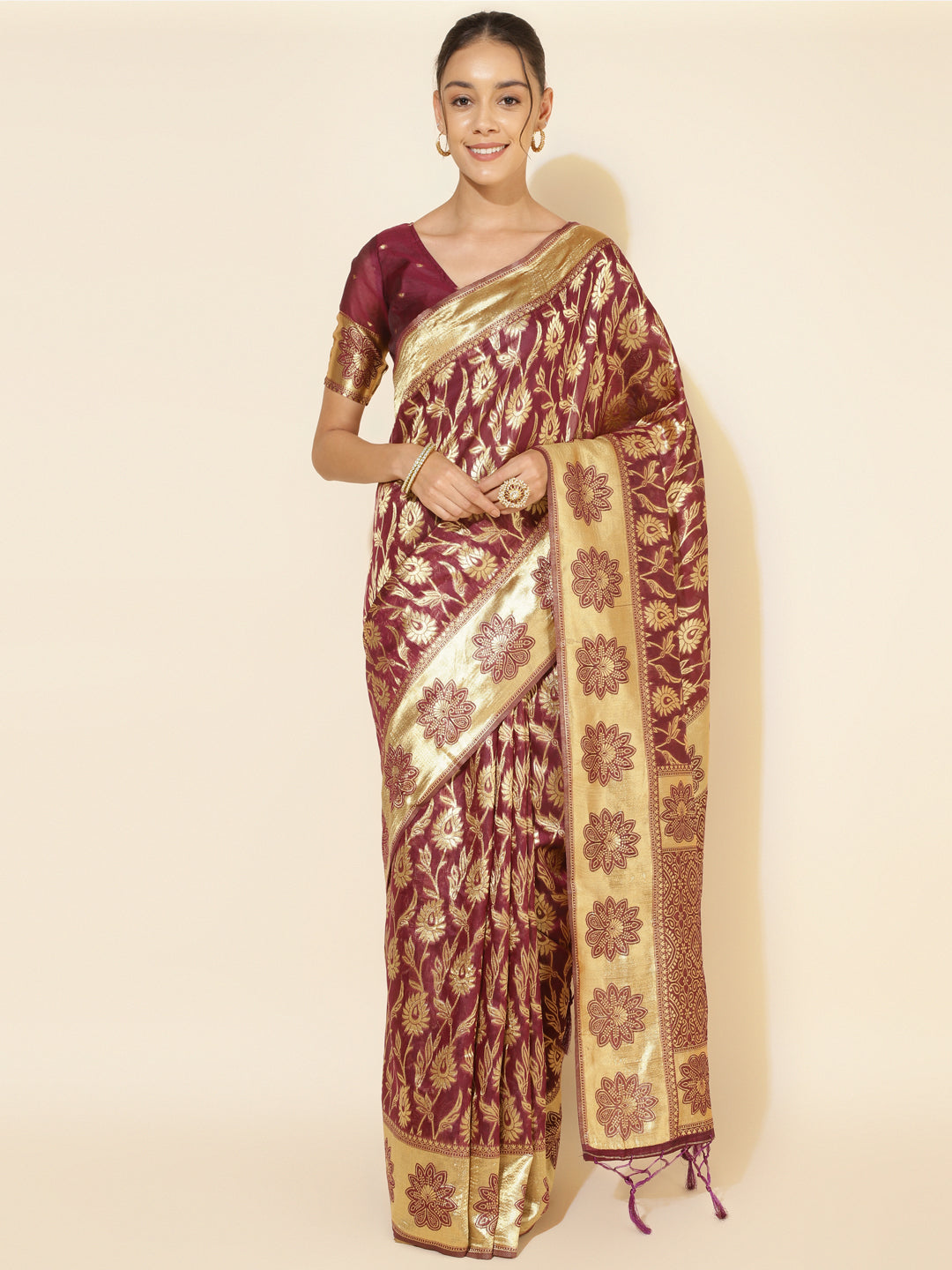 [Ready SG Stock] Deep Wine Chanderi Silk Paisley Saree with attached Blouse Material - Indian saree