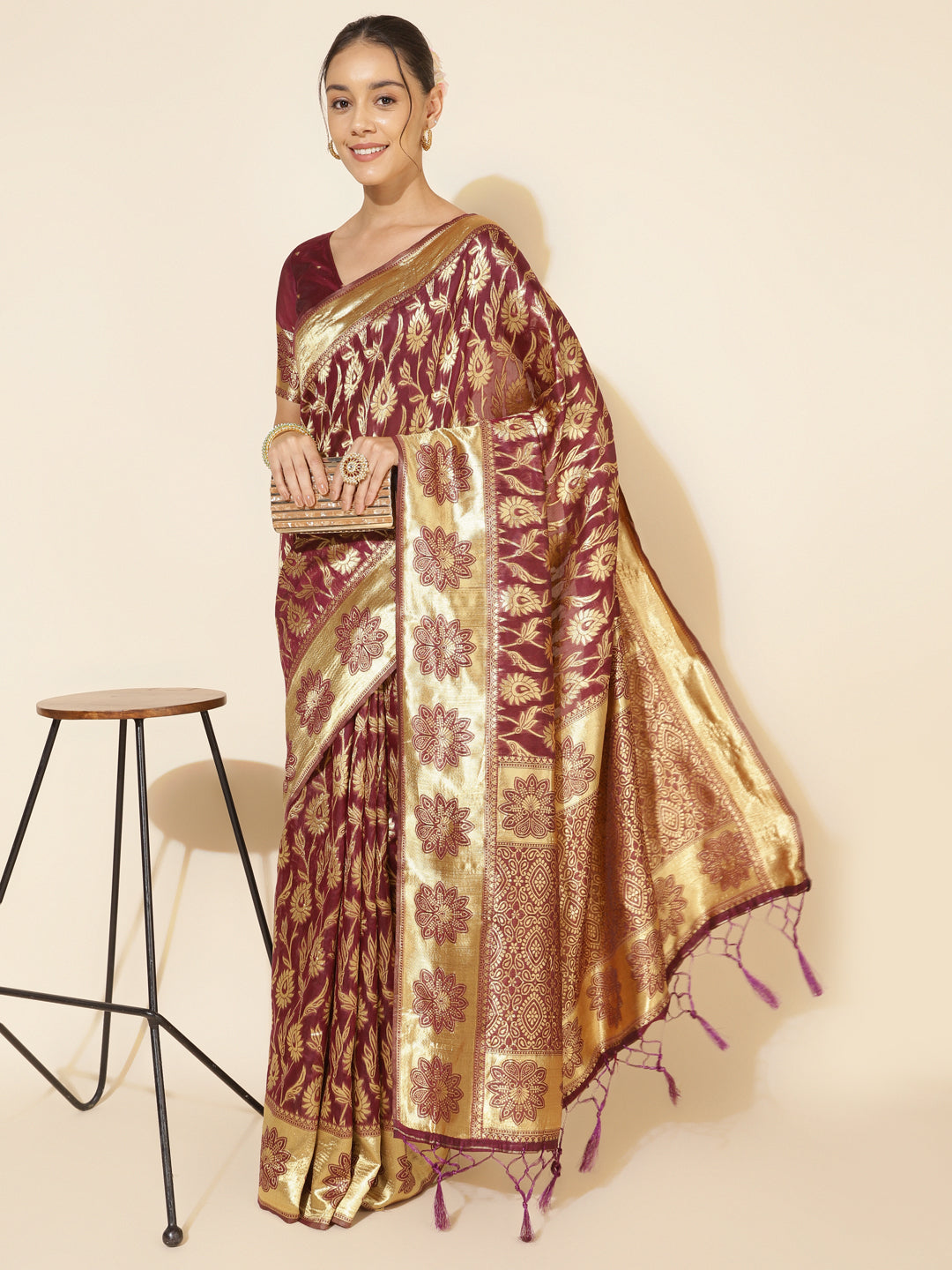 [Ready SG Stock] Deep Wine Chanderi Silk Paisley Saree with attached Blouse Material - Indian saree