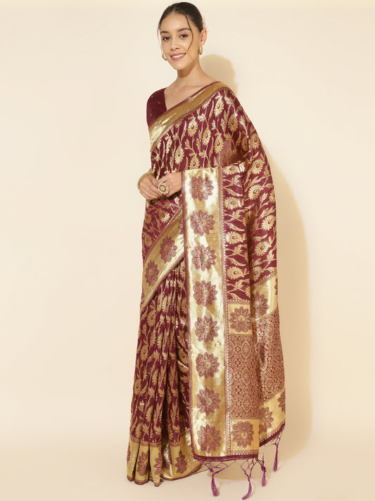 [Ready SG Stock] Deep Wine Chanderi Silk Paisley Saree with attached Blouse Material - Indian saree