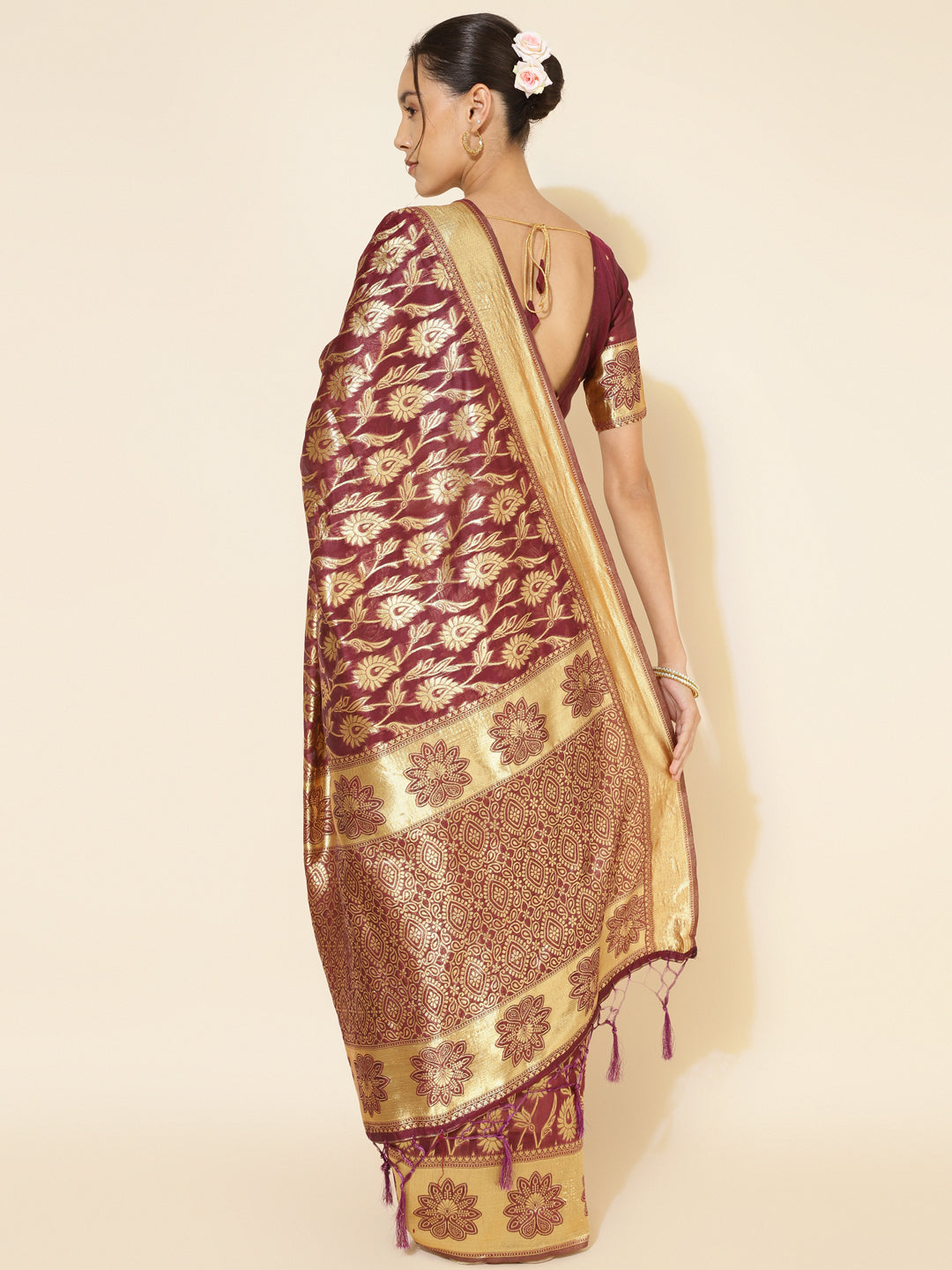 [Ready SG Stock] Deep Wine Chanderi Silk Paisley Saree with attached Blouse Material - Indian saree