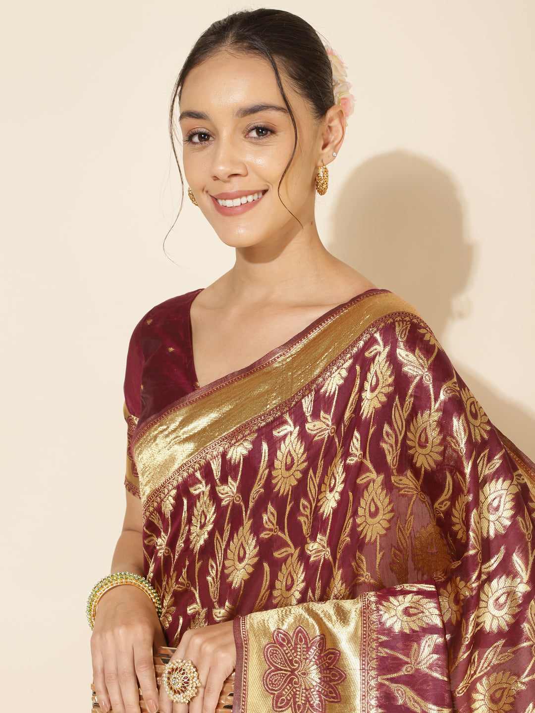 [Ready SG Stock] Deep Wine Chanderi Silk Paisley Saree with attached Blouse Material - Indian saree