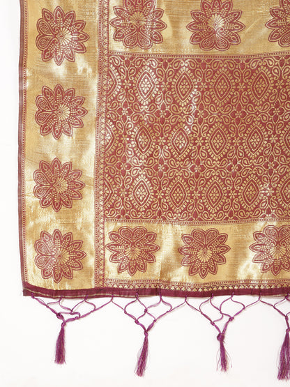 [Ready SG Stock] Deep Wine Chanderi Silk Paisley Saree with attached Blouse Material - Indian saree