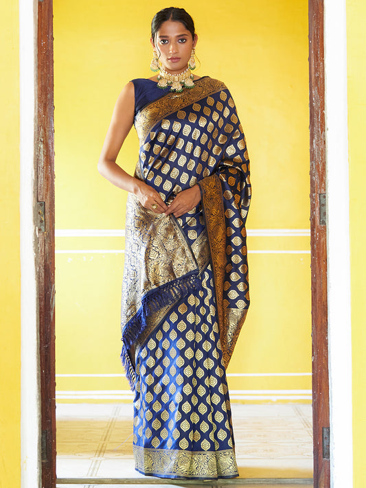 [Ready SG Stock] Navy Blue Banarasi Silk Woven Ethnic Motif Saree with attached Blouse Material - Indian saree