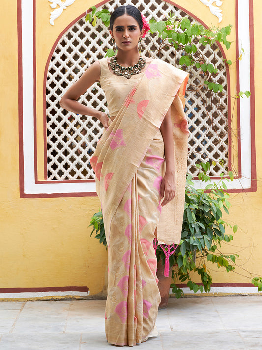 [Ready SG Stock] Cream Chanderi Silk Ethnic Motifs Saree with attached Blouse Material - Indian saree