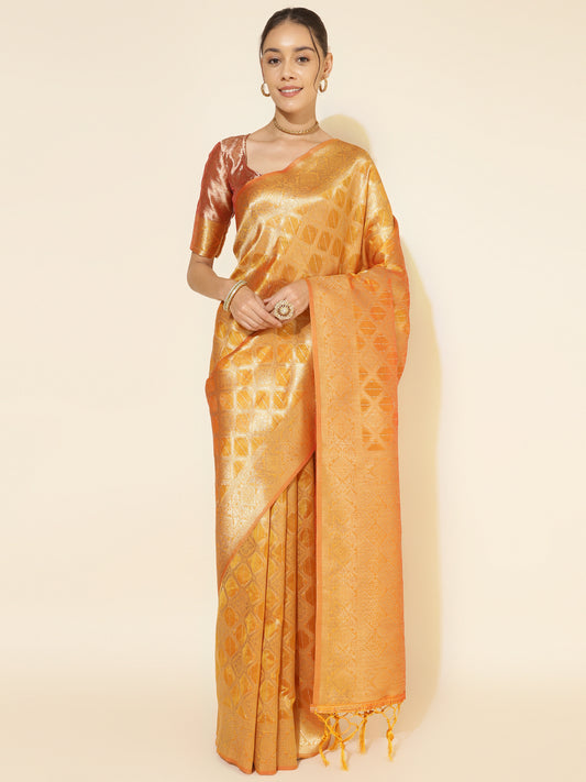 [Ready SG Stock] Yellow Organza Woven Ethnic Motifs Saree with attached Blouse Material - Indian saree