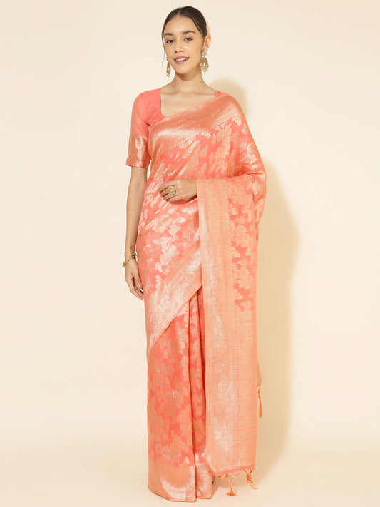 [Ready SG Stock] Peach Chanderi Silk Floral Saree with attached Blouse Material - Indian saree