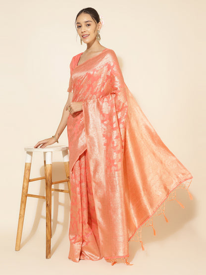 [Ready SG Stock] Peach Chanderi Silk Floral Saree with attached Blouse Material - Indian saree