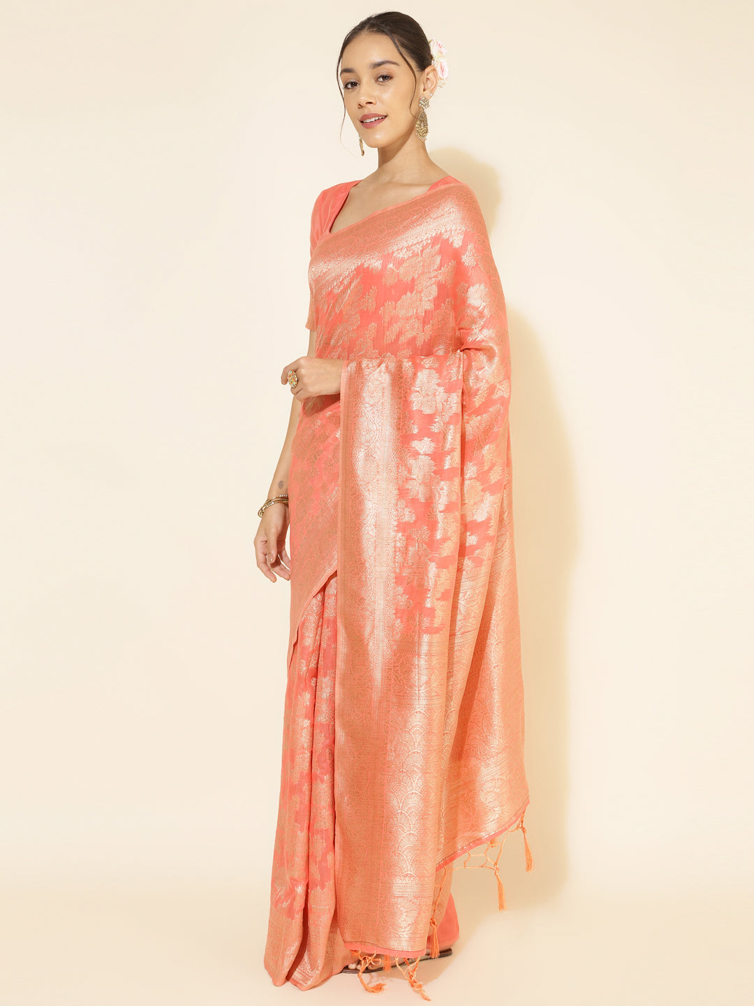 [Ready SG Stock] Peach Chanderi Silk Floral Saree with attached Blouse Material - Indian saree