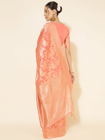 [Ready SG Stock] Peach Chanderi Silk Floral Saree with attached Blouse Material - Indian saree