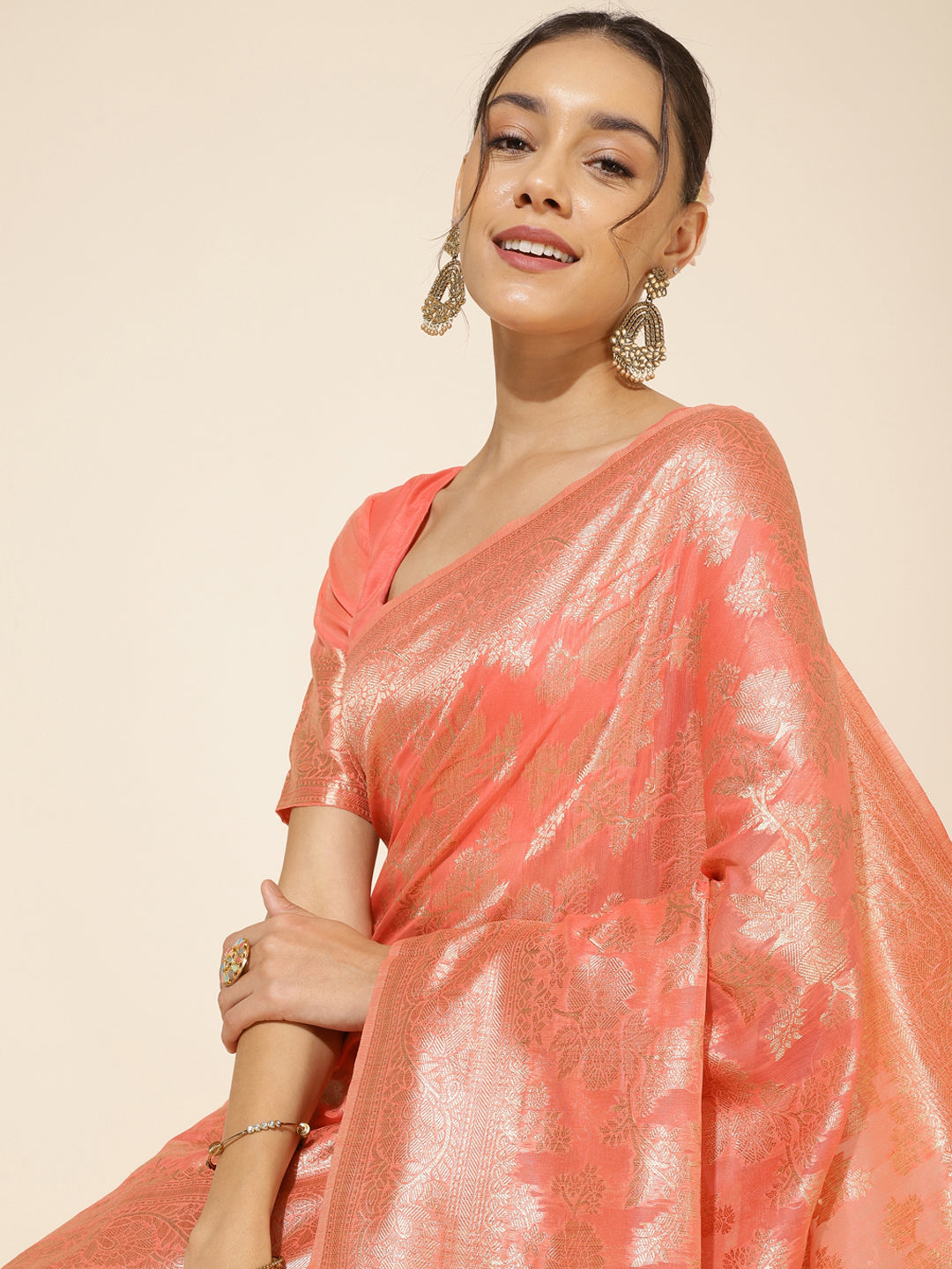 [Ready SG Stock] Peach Chanderi Silk Floral Saree with attached Blouse Material - Indian saree