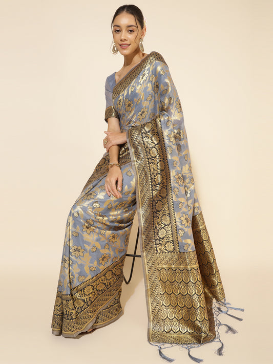 [Ready SG Stock] Grey Chanderi Silk Floral Saree with attached Blouse Material - Indian saree