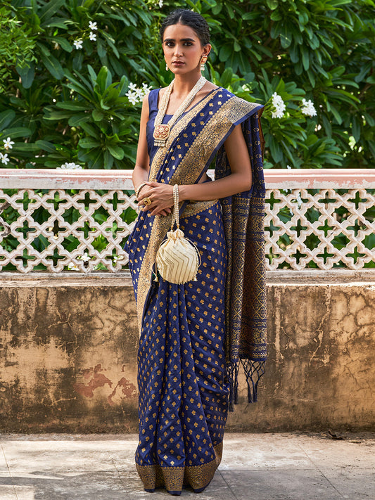 [Ready SG Stock] Navy Blue Banarasi Silk Woven Ethnic Motifs Saree with attached Blouse Material - Indian saree