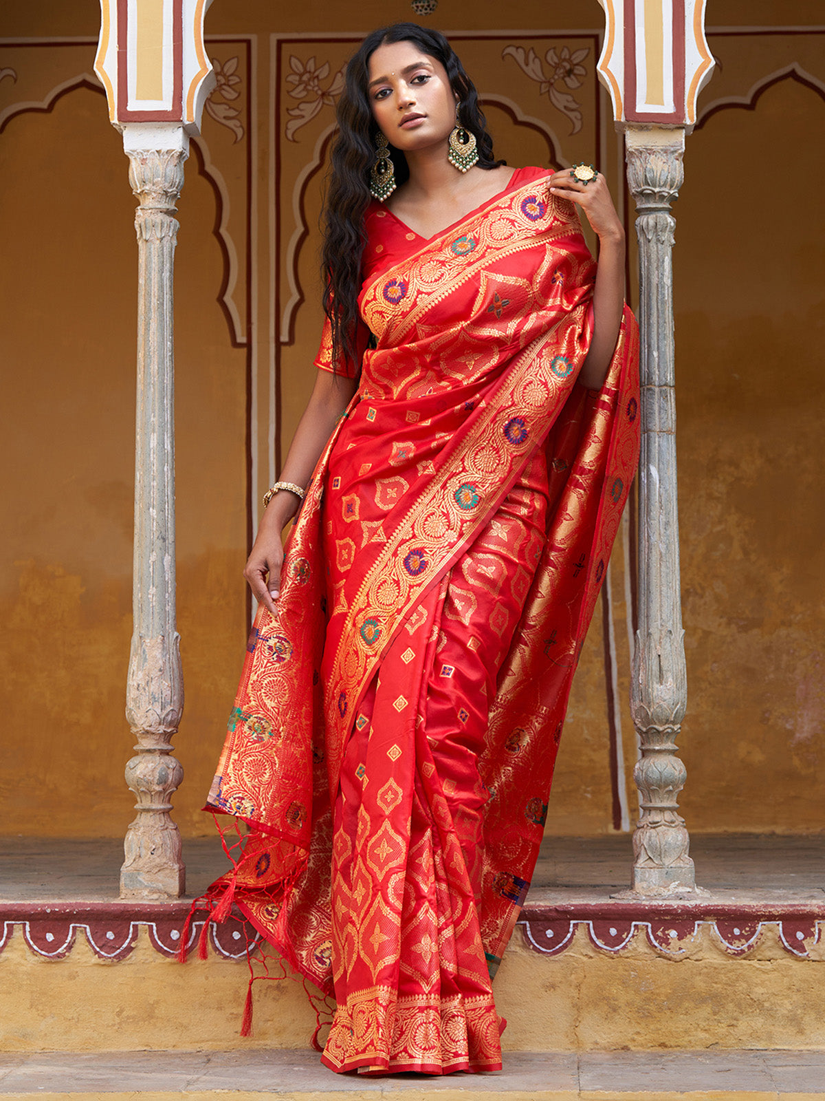 [Ready SG Stock] Red Banarasi Silk Ethnic Motifs Saree with attached Blouse Material - Indian saree