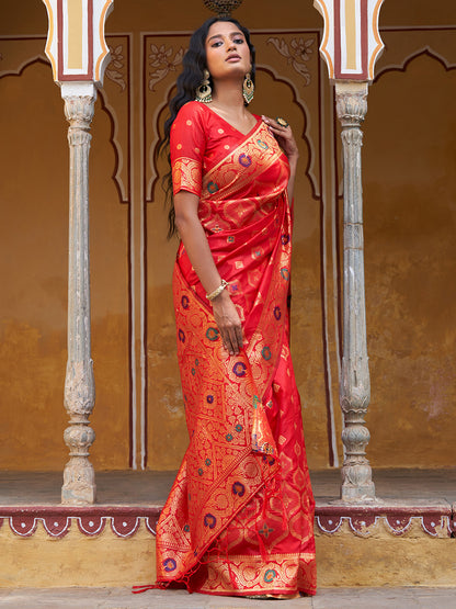 [Ready SG Stock] Red Banarasi Silk Ethnic Motifs Saree with attached Blouse Material - Indian saree