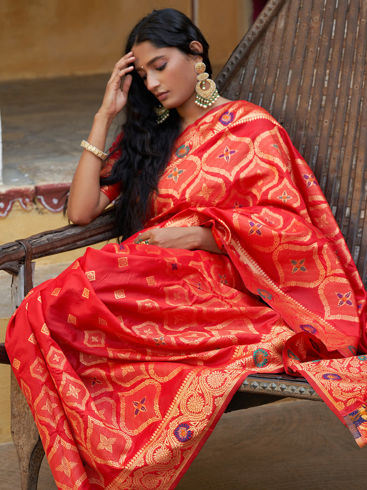 [Ready SG Stock] Red Banarasi Silk Ethnic Motifs Saree with attached Blouse Material - Indian saree