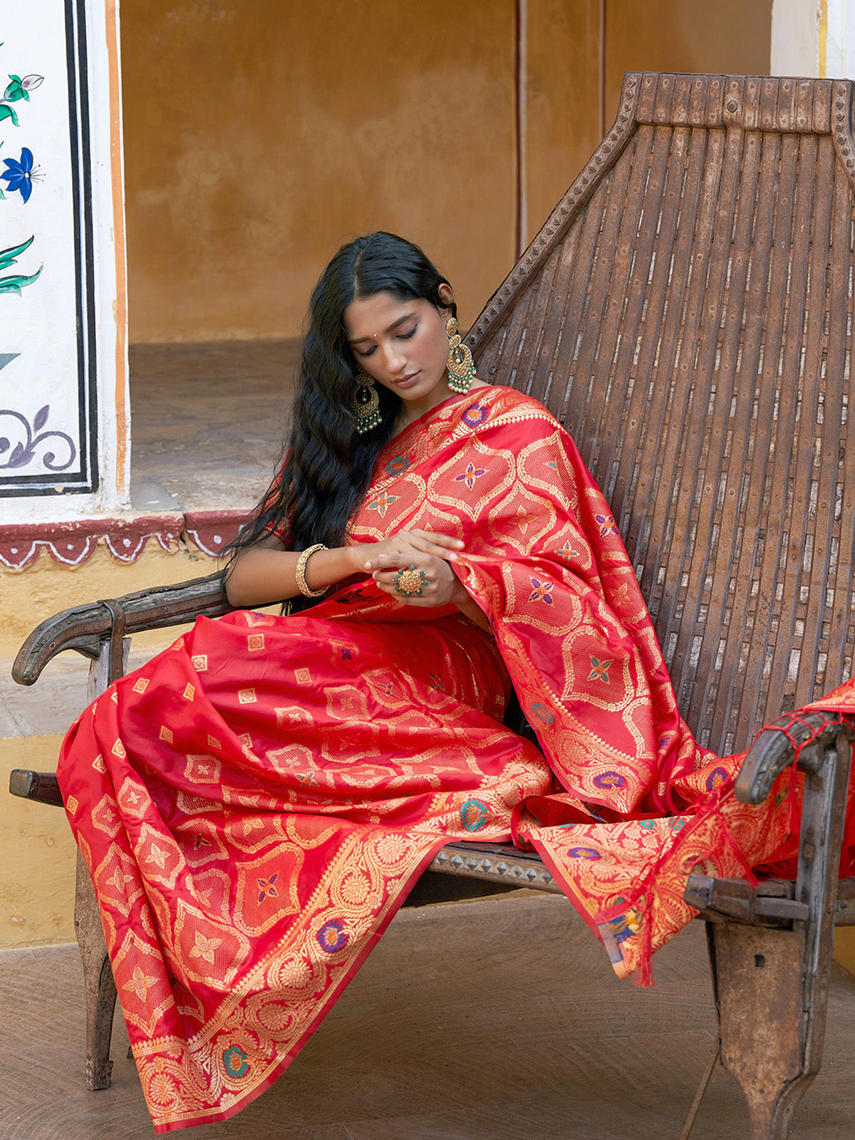 [Ready SG Stock] Red Banarasi Silk Ethnic Motifs Saree with attached Blouse Material - Indian saree