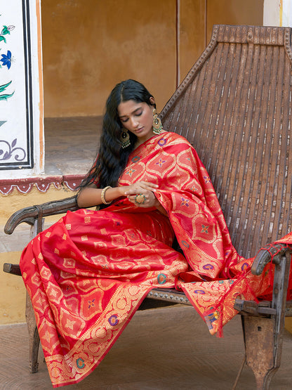 [Ready SG Stock] Red Banarasi Silk Ethnic Motifs Saree with attached Blouse Material - Indian saree