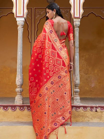 [Ready SG Stock] Red Banarasi Silk Ethnic Motifs Saree with attached Blouse Material - Indian saree