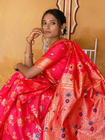 [Ready SG Stock] Pink Banarasi Silk Floral Saree with attached Blouse Material - Indian saree